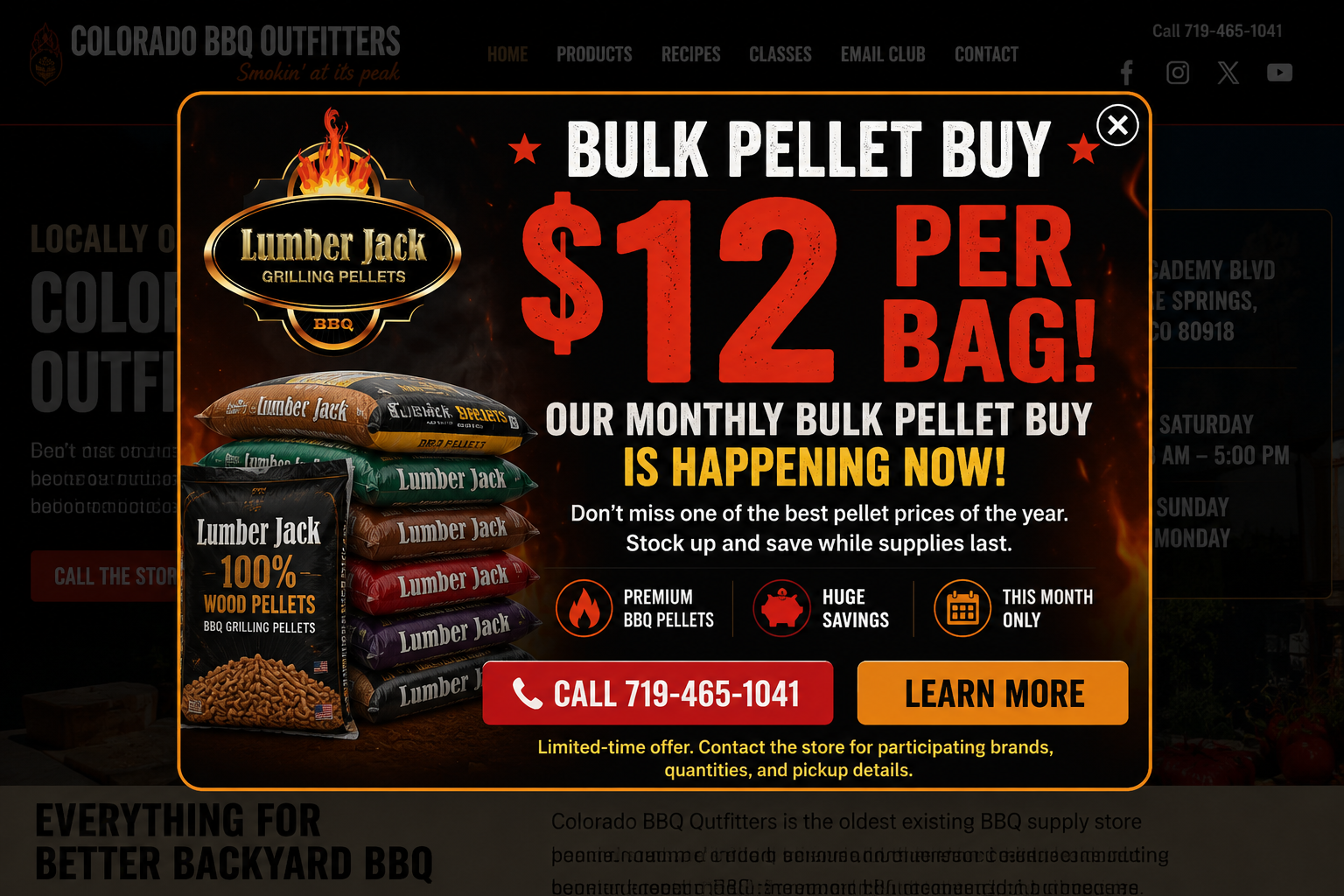 Colorado BBQ Outfitters Lumber Jack bulk pellet buy, twelve dollars per bag this month only